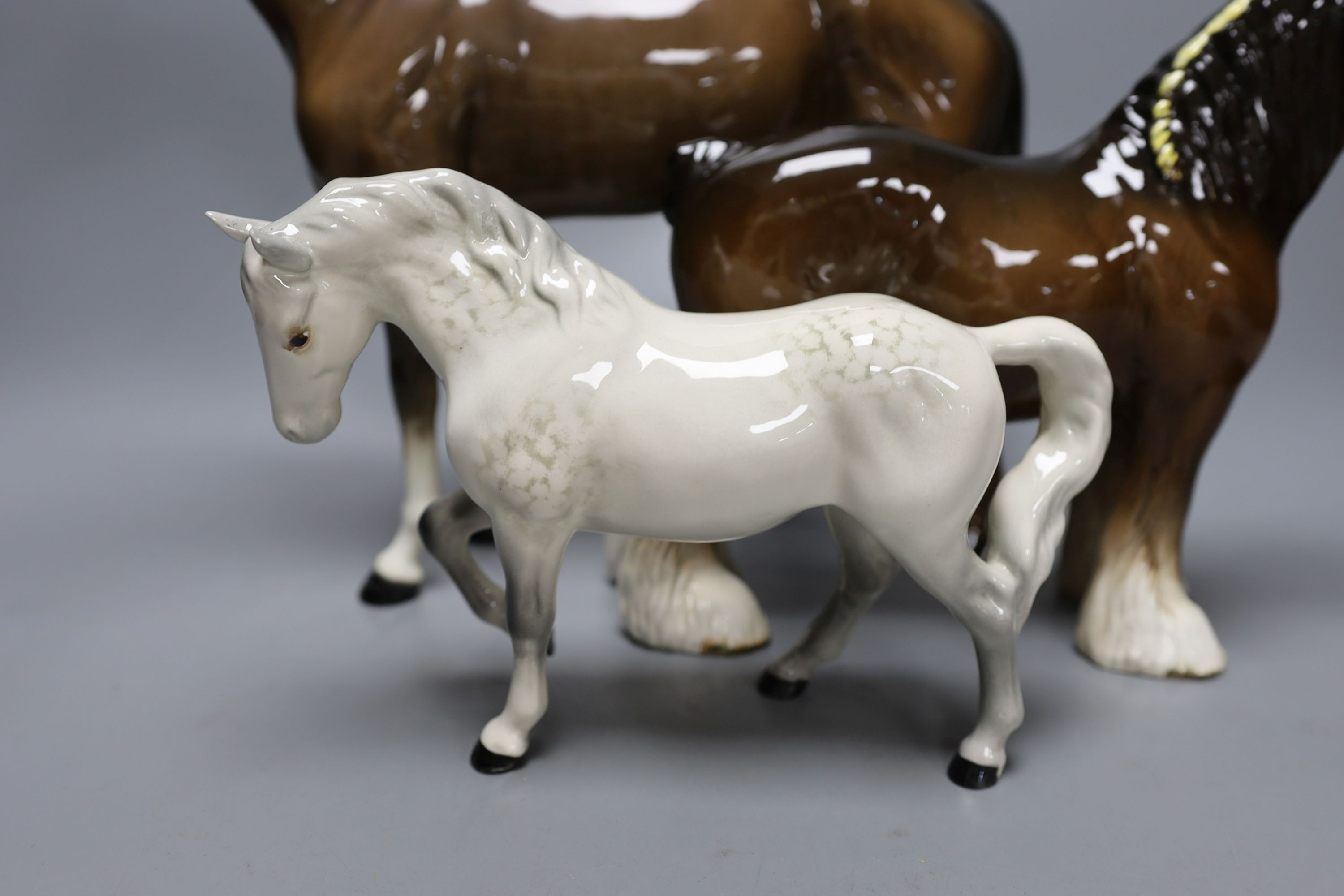 3 Beswick horses, including a Suffolk Punch. Tallest 29cm